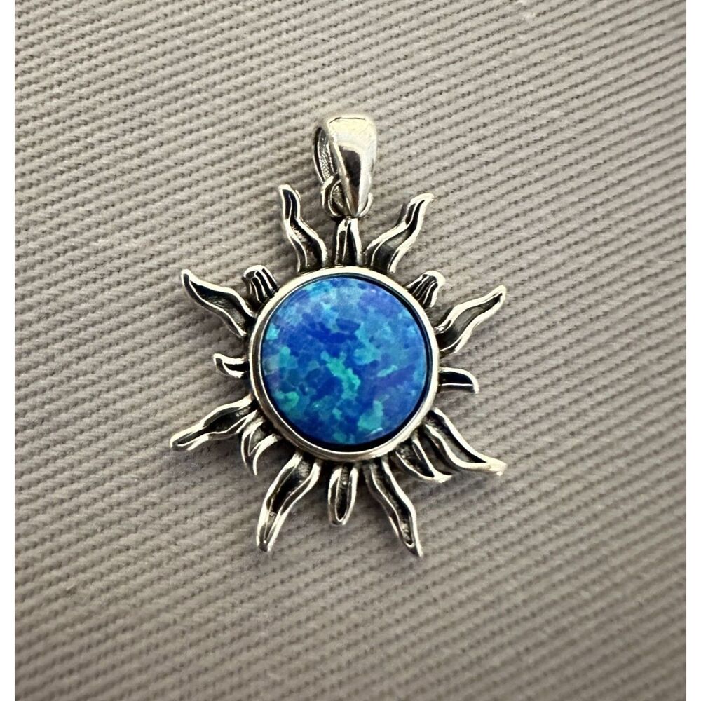 Sterling Silver Sun Pendant w/ Oxidized Finish and Blue Fire Opal 21mm Sunburst